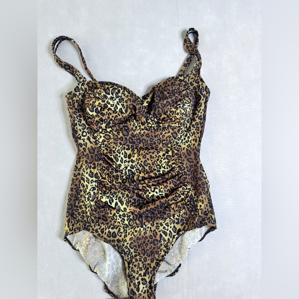 Miraclesuit swimsuit One Piece size 10 Brown Black leopard print Ruched Slimming